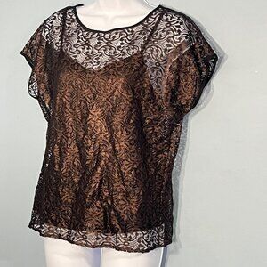 Black Metallic Lace Overlay‎ Top Size S Petite Whimsigoth Party Mesh Goth Vamp